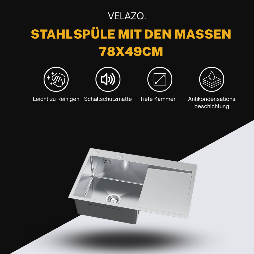 Edelstahl-Küchenspülbecken 78x49 mit Abtropffläche auf der rechten Seite
