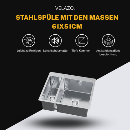 Spüle 1 1/2 Becken aus Stahl 61x51 Inox mit Siphon