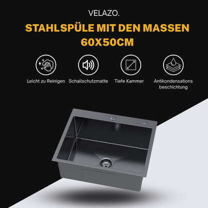Edelstahl-Einzelbeckenspüle 60x50 cm mit tiefem Becken und Loch für Seifenspender – PVD Graphit von Velazo.