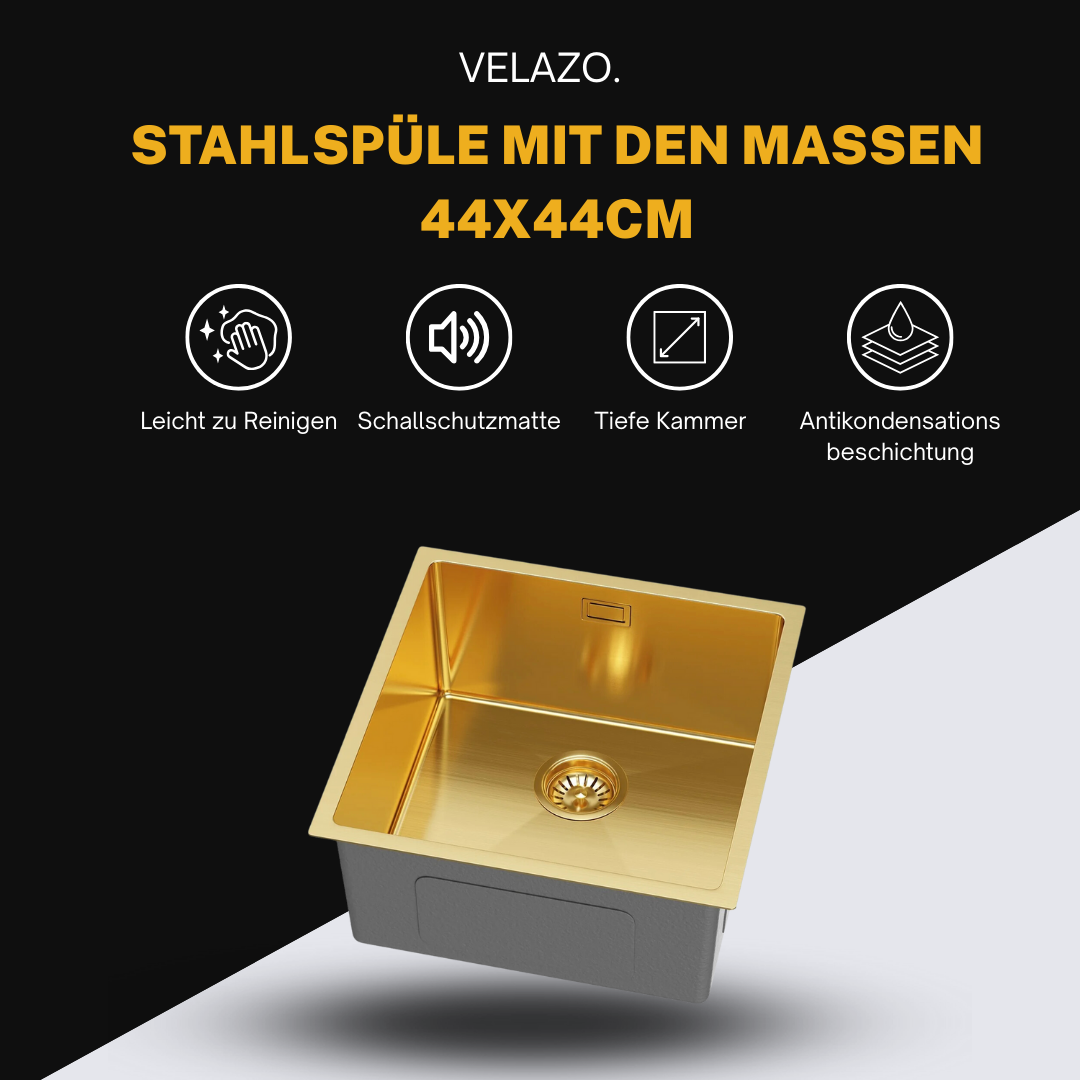 Goldene Edelstahl-Einzelbeckenspüle 44x44 cm von Velazo.