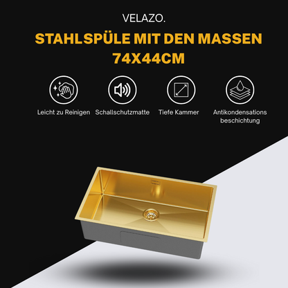 Goldenes Edelstahl-Spülbecken Einzelbecken – 74x44 cm von Velazo.