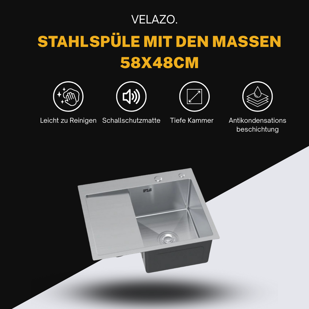 Sink with drainer Steel 58x48 R Inox with tap hole from Velazo.