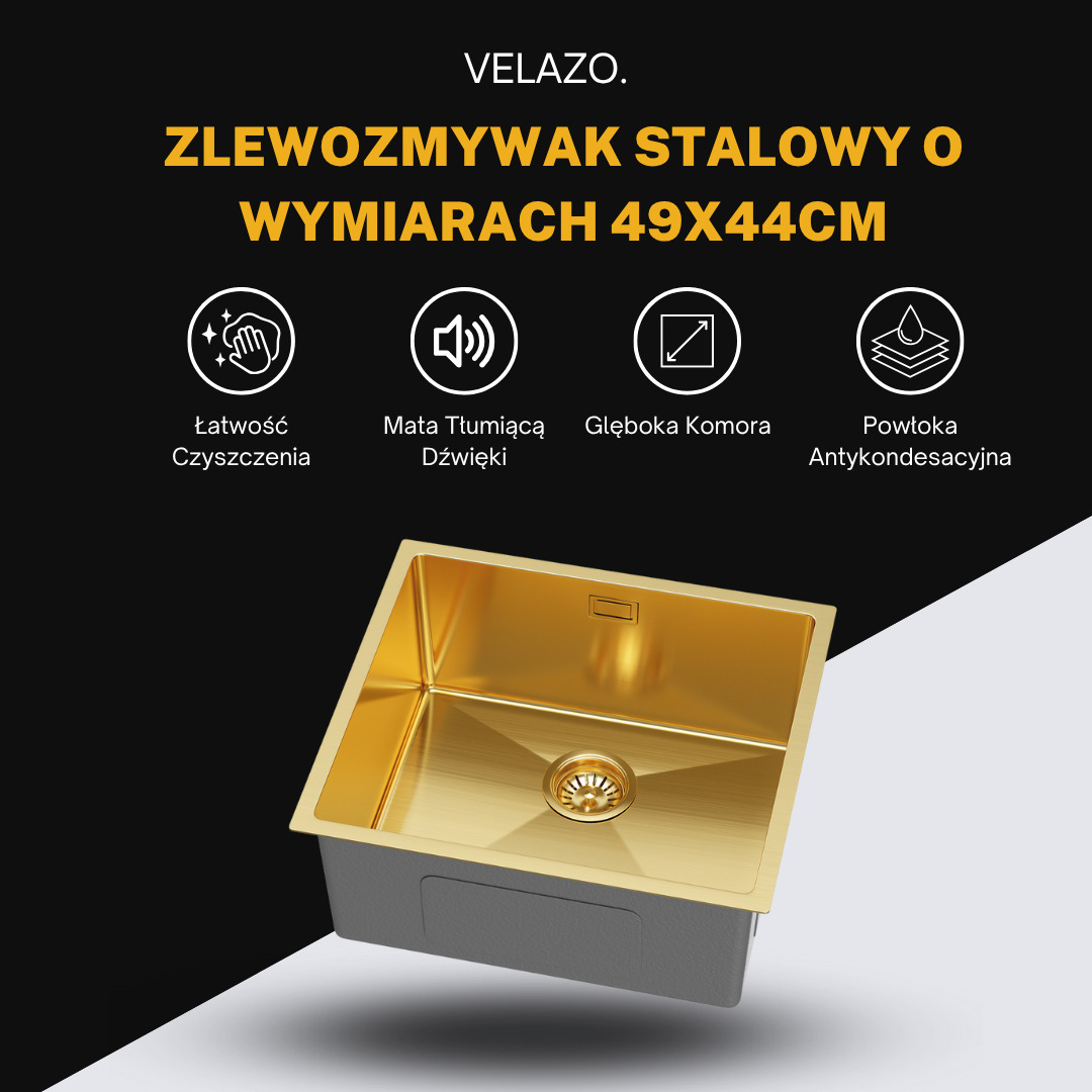 Zlewozmywak 40x45 cm Złoty – Jednokomorowy, Stal Nierdzewna, Z Przelewem i Syfonem od VELAZO.