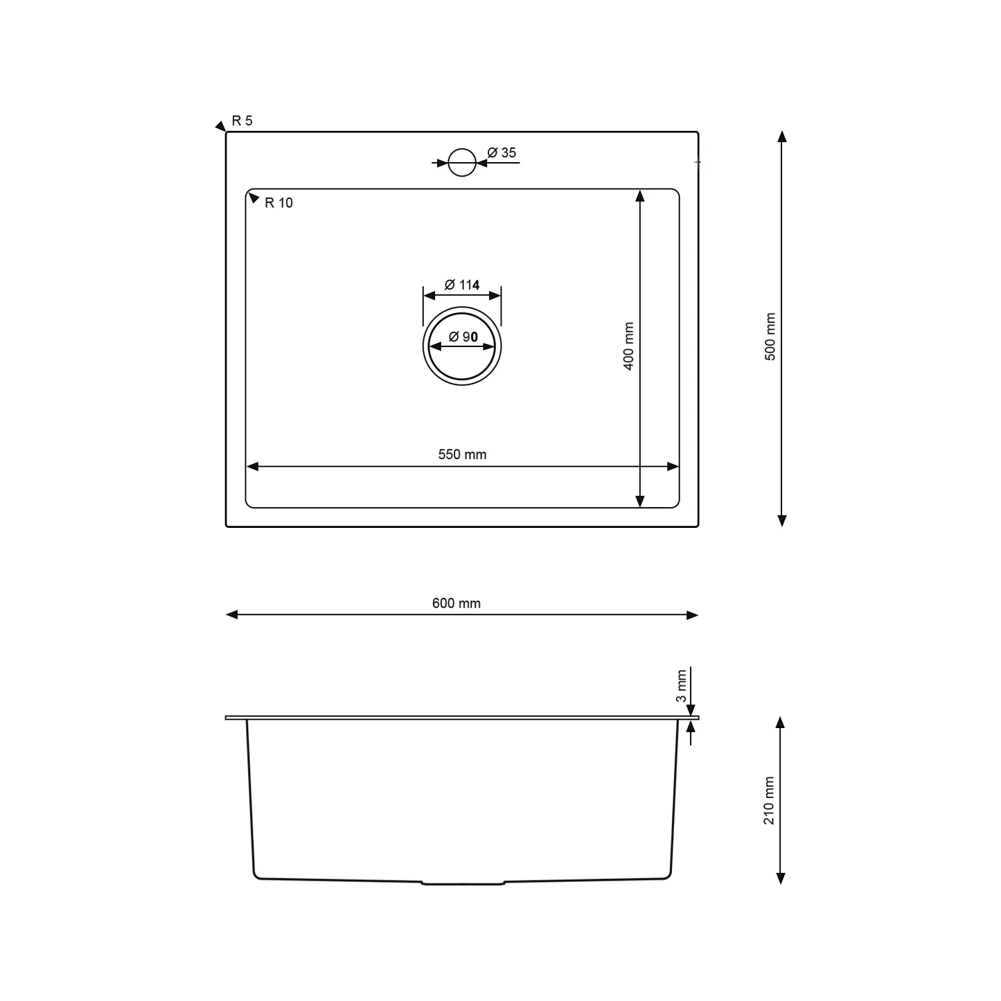 Edelstahl-Einzelbeckenspüle 60x50 cm mit tiefem Becken und Loch für Seifenspender – PVD Graphit von Velazo.