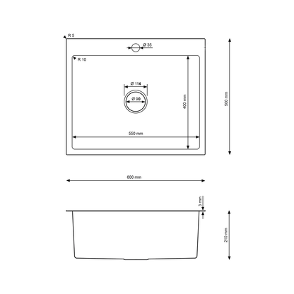 Edelstahl-Einzelbeckenspüle 60x50 cm mit tiefem Becken und Loch für Seifenspender – PVD Graphit von Velazo.