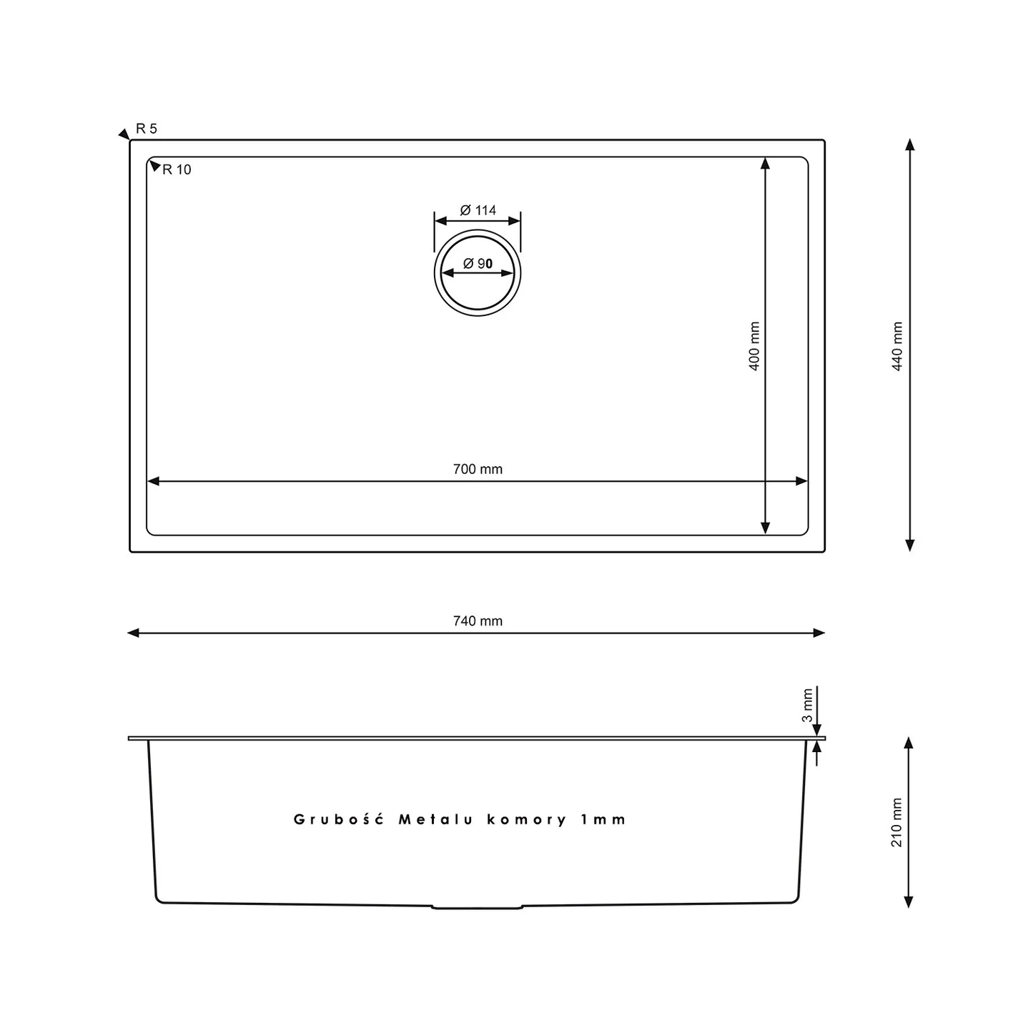 Single-bowl steel sink - 74x44cm from Velazo.