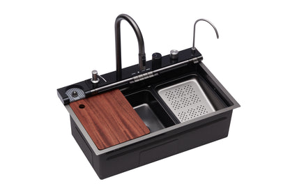 Single-bowl steel sink with double waterfall and digital temperature display and LED lighting 75x46cm VELAZO.